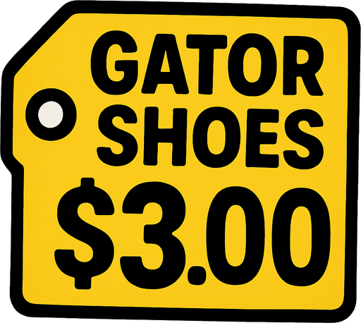 Price tag that says Gator shoes $3.00.
In-Game asset.  2d.  High contrast.  No shadows
