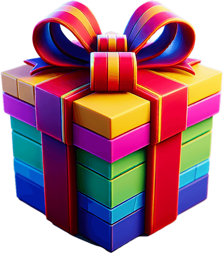 bright 3d present with bow, vivd colours.
Single Game Texture. In-Game asset. 2d. Blank background. High contrast. No shadows.