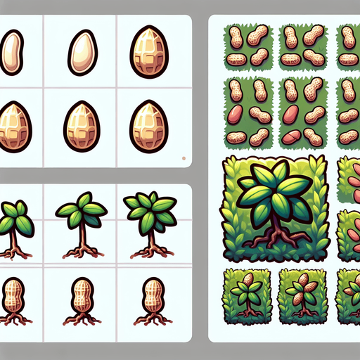 A spritesheet showing a peanutplant in various stages of germantion, from seed over sapling and to full grown plant with ripe peanuts. The sprites should be laid out in a rectangular grid with blank space between them..
Single Game Texture. In-Game asset. 2d. Blank background. High contrast. No shadows.