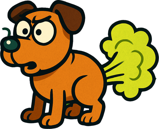 Cartoon dog doing a fart in plants vs zombies style artwork.
In-Game asset.  2d.  High contrast.  No shadows