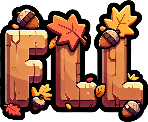 Create an SVG text design for "FALL" in bold cartoon style with chunky rounded letters. Add small falling leaves and acorn accents in warm autumn colors.​​​​​​​​​​​​​​​​.
Single Game Texture. In-Game asset. 2d. Blank background. High contrast. No shadows.