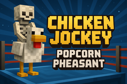 modern App Store banner, high definition, Minecraft style chicken jockey picture with hyperspace wrestling ring background title text on banner that says "Chicken Jockey : Popcorn Pheasant"