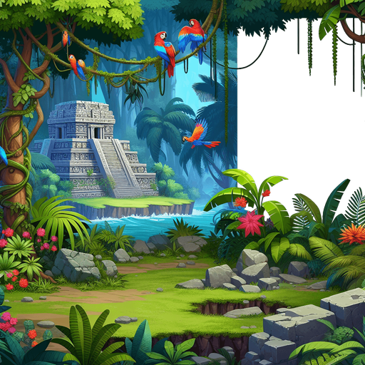 2d tropical sout america deep jungle. not far away, a ruins of ancient aztec temple..
Single Game Texture.  In-Game asset.  2d.  Blank background.  High contrast.  No shadows