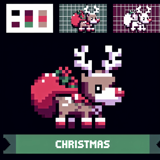 8 bit. raindeer bringing x-mas pressents. in game asset. Single Game Texture. In-Game asset. 2d. Blank background. High contrast. No shadows.