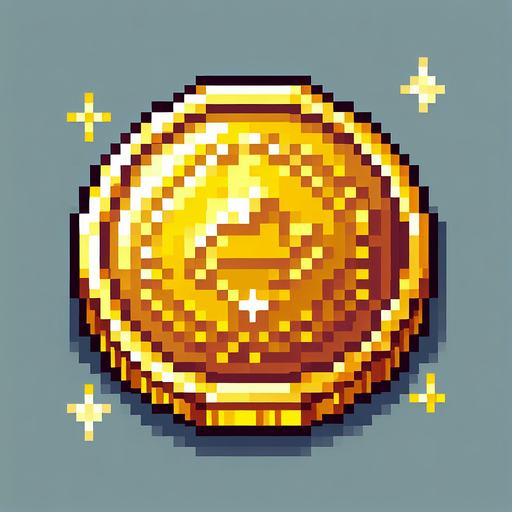Pixelated gold coin.
Single Game Texture.  In-Game asset.  2d.  Blank background.  High contrast.  No shadows