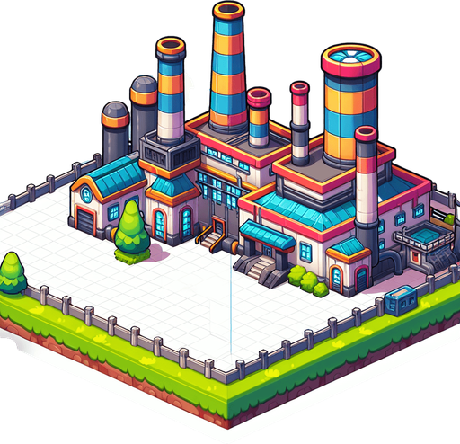 The outside of a factory in a cartoon style.
Single Game Texture.  In-Game asset.  2d.  Blank background.  High contrast.  No shadows