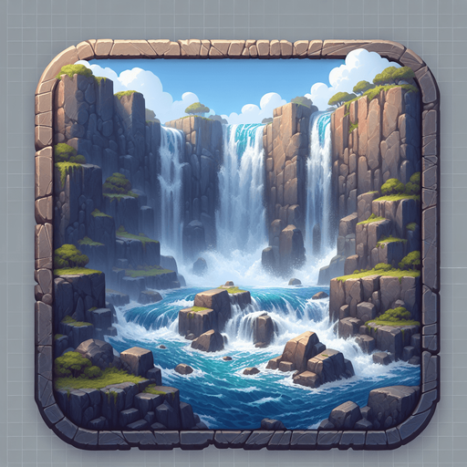 bg of rocks waterfall.
Single Game Texture.  In-Game asset.  2d.  Blank background.  High contrast.  No shadows