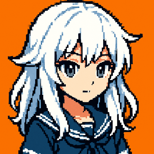 Beautiful anime style girl, with white hair and gray eyes.
In-Game asset.  2d.  High contrast.  No shadows. Pixel art