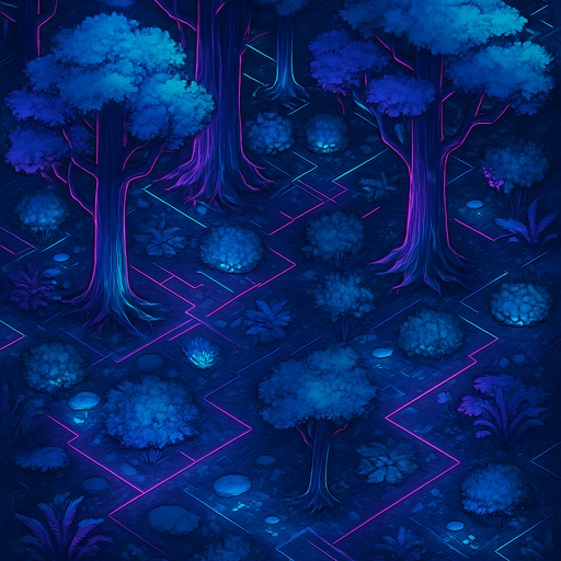 Top down isometric Cyberpunk forest background image large