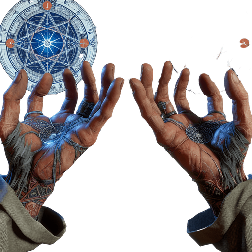 hands of wizard in idle position from first person perspective.
Single Game Texture.  In-Game asset.  2d.  Blank background.  High contrast.  No shadows
