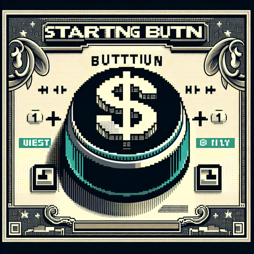 face view of a big start button in the shape of a dollar bill.
video game style