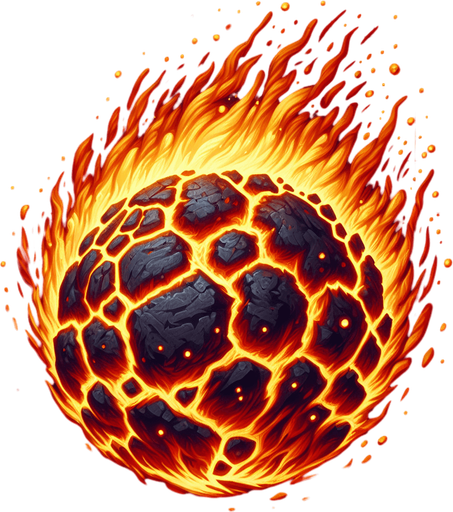 Метеорит объятый пламенем, без фона.
Single Game Texture. In-Game asset. 2d. Blank background. High contrast. No shadows.