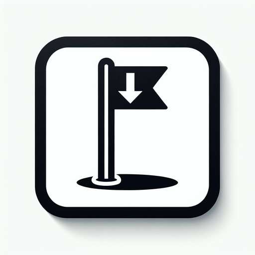 Drapeau de golf avec un flèche vers le bas.
Single Game Texture. In-Game asset. 2d. Blank background. High contrast. No shadows.