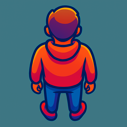 A young man standing, facing away with his back facing down. Top down view.