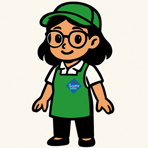 Es una trabajadora de sams club, tierna bonita de lentes con gorra verde y mandil verde, playera polo blanca y pantalon negro.
In-Game asset.  High contrast.  No shadows