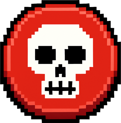 un boton rojo con una calavera de pixeles.
In-Game asset.  2d.  High contrast.  No shadows
