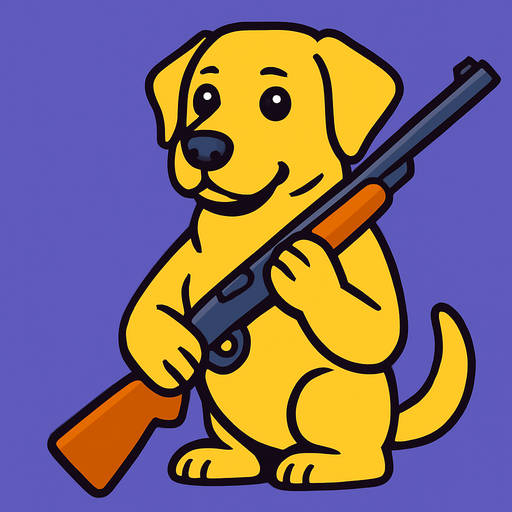 labrador dog hold a hunt gun.
In-Game asset.  2d.  High contrast.  No shadows