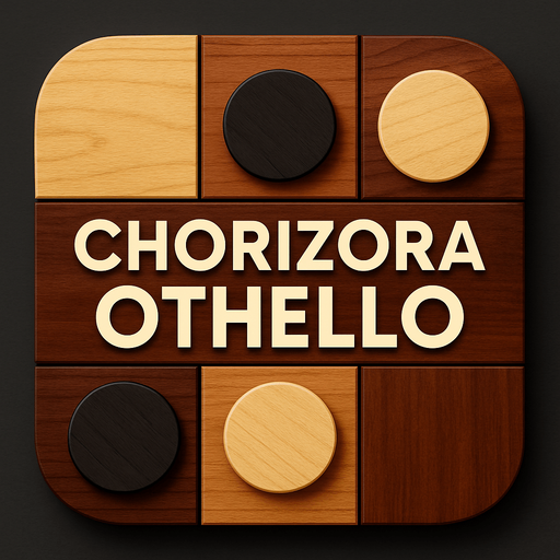 Modern App Store icon, high definition, square with rounded corners, different othello game squares cells of wood, different wood, different colors, HD colors, for a game titled "Chorizora Othello" and without the description "A territorial strategy game where players flip opponent pieces by trapping them between their own pieces on a 10x10 grid.". with text on the middle of the icon "Chorizora Othello"!