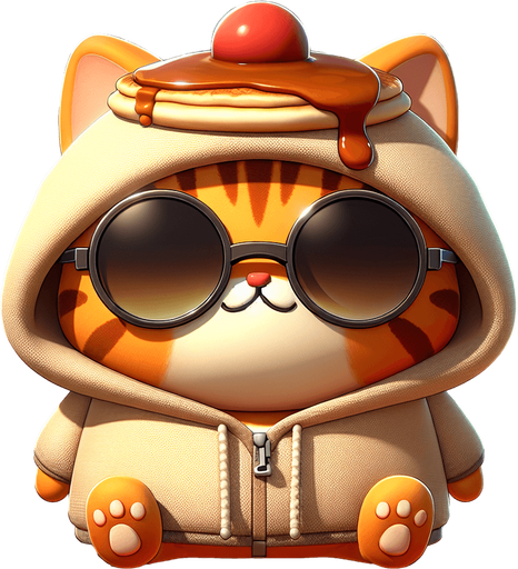 The character in the image is a cartoon-style, orange tabby cat with noticeable stripes. It has a round face, big black eyes covered by oversized, round, dark opaque sunglasses, and a prominent, exaggerated red pout in the shape of a duck's bill that stretches across the entire width of its face. The cat's body is smaller in comparison to its head, giving it a cute, chubby appearance. It's wearing a simple, light-colored hoodie with a drawstring. On its head, rather humorously, sits a pancake, serving as an unconventional hat, with syrup artfully dripping down its sides. The cat sits with its paws visible in front, showing a relaxed posture. The overall style is playful and whimsical, perfect for a casual mascot or a character in a children's book..
Single Game Texture. In-Game asset. 2d. Blank background. High contrast. No shadows.