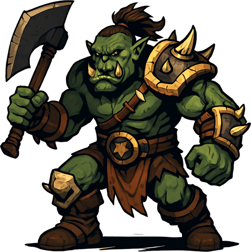 A full-body stylized illustration of an orc warrior, standing in a dynamic pose. The orc has green or grayish skin, muscular build, tusks, and tribal armor made of bone, leather, and metal. The style is fantasy-themed with bold lines, exaggerated proportions, and detailed textures. The lighting is dramatic, emphasizing the orc’s strength and menace. Background is minimal or softly blurred to keep focus on the character. Suitable for fantasy RPG game concept art..
In-Game asset.  2d.  High contrast.  No shadows