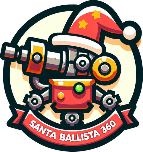 Icon for a mechanical arm, on a circle, with the text „Santa Ballista 360“ at top, cartoon, christmas style Single Game Texture. In-Game asset. 2d. Blank background. High contrast. No shadows.