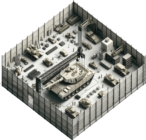 Simple heavy army tank factory buiding a tank with a crane. Square fence...
Zenith view Directly overhead. Plumb view.