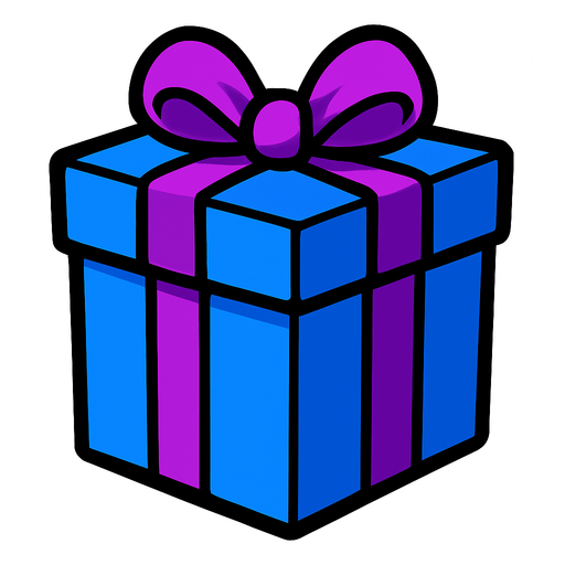 It has a purple ribbon and ribbons on a blue gift box.
In-Game asset.  2d.  High contrast.  No shadows