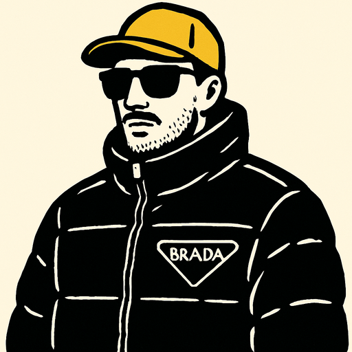 siyah renk prada montlu bir adam görseli oluştur , bu montu giyen adam sarı şapkalı , siyah güneş gözlüklü , hafif kirli sakallı bir tip olsun. prada yerine görselde "BRADA" yazsın
In-Game asset.  2d.  High contrast.  No shadows