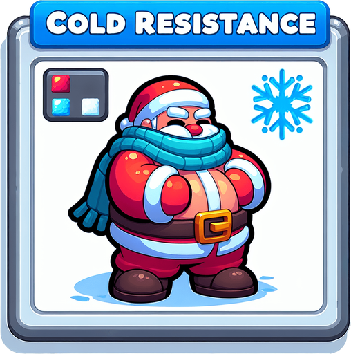 Icon for santas cold resistence, cartoon, with the text: „Cold Resistence“ at top Single Game Texture. In-Game asset. 2d. Blank background. High contrast. No shadows.