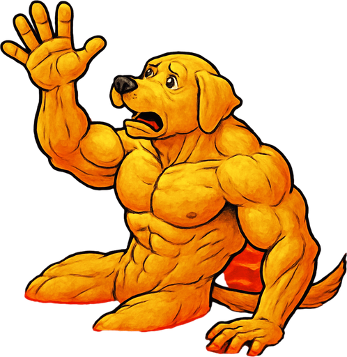 Super buff Golden dog with a hand up laying falling in lava holding his hand out for help. full body. Facing right.
2d.