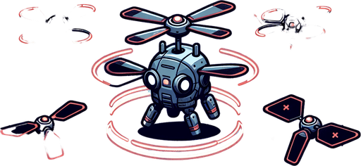 A robot with small, propeller-like wings. These wings allow the robot to glide through the air for short periods of time and change direction. The player has to use the wings at the right times and angles to control the fall, overcome obstacles and reach the goal. The robot's energy level and the durability of the wings will be the limiting factors.
Single Game Texture.  In-Game asset.  2d.  Blank background.  High contrast.  No shadows
