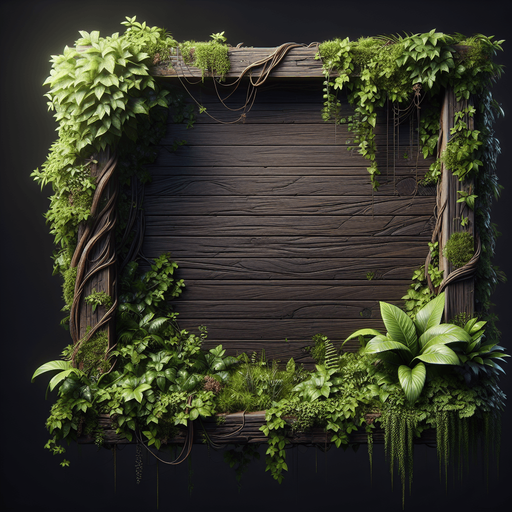 A dark wooden message board with vines and jungle moss growing on top..
Single Game Texture. In-Game asset. 2d. Blank background. High contrast. No shadows.
