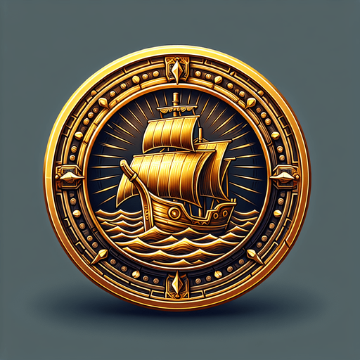a single shining yellowish golden coin with the boat  on it.
Single Game Texture.  In-Game asset.  2d.  Blank background.  High contrast.  No shadows