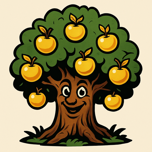 Yüzü olan bir ağaç altın elmalar var.
In-Game asset.  2d.  High contrast.  No shadows