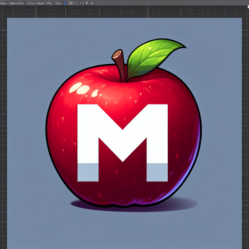 white " (M" on a red apple.
Single Game Texture. In-Game asset. 2d. Blank background. High contrast. No shadows.
