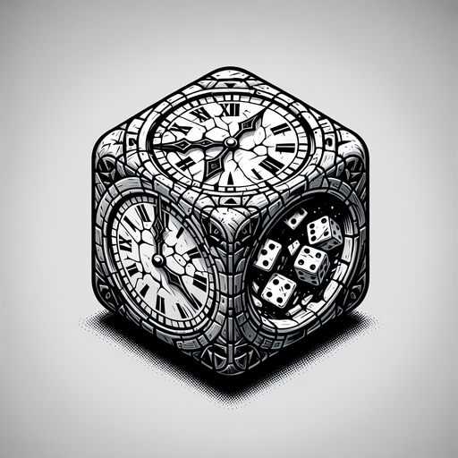 A clock face or hourglass that is visibly cracked or shattering. Could also be a die symbol mid-roll or showing multiple faces at once..
Single Game Texture.  In-Game asset.  2d.  Blank background.  High contrast.  No shadows