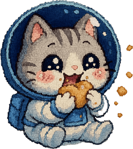 A cute kitten, illustrated in an adorable chibi anime style and wearing an astronaut suit, is joyfully eating as if it hadn’t had a meal in ages. Its eyes sparkle with delight, and crumbs float around in zero gravity.