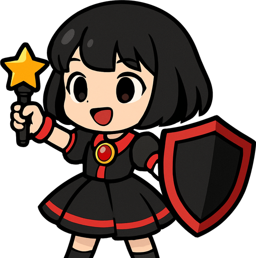 Esta chica tiene un diseño de estilo chibi anime, lo que le da un aspecto adorable y expresivo. Aquí va una descripción detallada:

🔸 Apariencia general:
Es una niña pequeña de proporciones caricaturescas, con cabeza grande y cuerpo diminuto, típica del estilo chibi.

🔸 Cabello:
Cabello negro, corto, llega hasta sus hombros. Estilo honguito.

🔸 Ropa:
Viste un traje colorido similar al de una idol japonesa:

Vestido negro con detalles rojos

Gema roja en el pecho

Falda con vuelo, color negro y una línea roja en el final de la falda

🔸 Accesorios:

Lleva un micrófono con forma de estrella en una mano, lo que sugiere que es una cantante o idol.

En la otra mano, sostiene un escudo de color negro con detalles rojos del tamaño de su cuerpo, lo cual le da un toque de una escudera alegre
🔸 Expresión:
Tiene una expresión alegre, decidida y enérgica, como si estuviera lista para una canción. Tiene la boca abierta de felicidad, simulando que canta feliz para sus fans.
In-Game asset.  2d.  High contrast.  No shadows