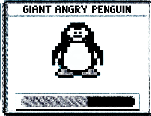 A 8-bit life bar (not a tavern, is a life bar to a  life of the character) with a text written above  "Giant angry penguin".
A