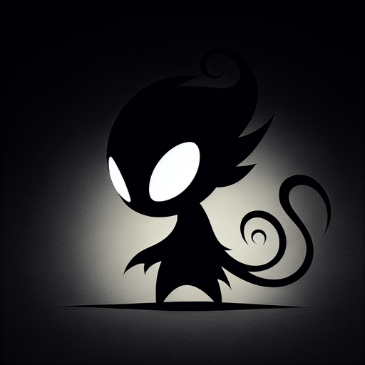 A silhouette of a small, mischievous shadow creature (imp, tendril beast, raven?). Could also be a pair of glowing eyes peering out from darkness..
Single Game Texture.  In-Game asset.  2d.  Blank background.  High contrast.  No shadows