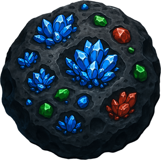 Uzay temalı asteroid, üzerinde cevherler bulunsun, gerçekçi, yazısız üstten görünüm. 
In-Game asset.  High contrast.  No shadows