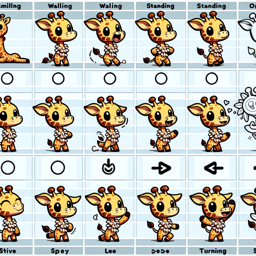 A spritesheet with a number of poses of a cartoonish giraffe with a seashell necklace, smiling, walking, waiting, standing, ordering, turning, etc. all seen from the side.The spritesheet should be laid out in a rectangular grid with clear space between each individual sprite. Each sprite in the sheet should be around 300x600 pixels in size..
Single Game Texture. In-Game asset. 2d. Blank background. High contrast. No shadows.