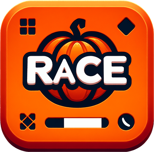 button that says race in orange, black outline of the letters. high contrast. has a pumpkin on it square button with rounded corners
Single Game Texture. In-Game asset. 2d. Blank background. High contrast. No shadows. png background