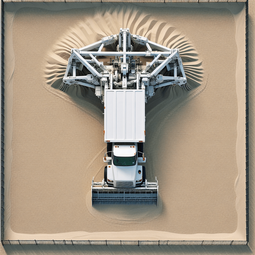 Zenith view of a white rectangular Harvester shape of a garbage truck with a triangular head. Harvesting on sand, with flowing spice in the back. inside a square fence.
Zenith view. Directly overhead. Plumb view.