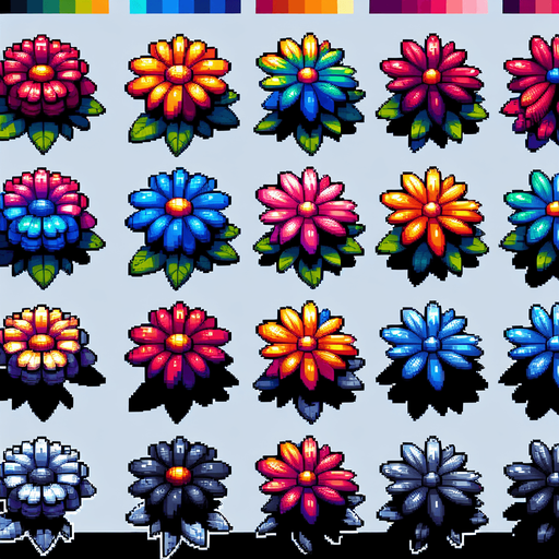 A sprite sheet of flowers seen from above. Cartoon. All similar size. Each blossom has multi colored rainbow petals. only the blossom. Bold colors and shading. 
Single Game Texture. In-Game asset. 2d. Blank background. High contrast. No shadows.