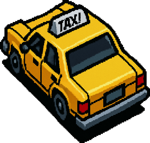 taxi, seen from behind Top-down right angle, gta2, Single Game Texture. In-Game asset. 2d. Blank background. High contrast. No shadows.isometric.
In-Game asset.  2d.  High contrast.  No shadows