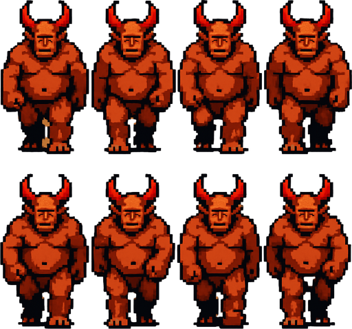 A walking sprite sheet for demonic ogre. Front perspective. Retro PC pixel. 
In-Game asset.  2d.  High contrast.  No shadows