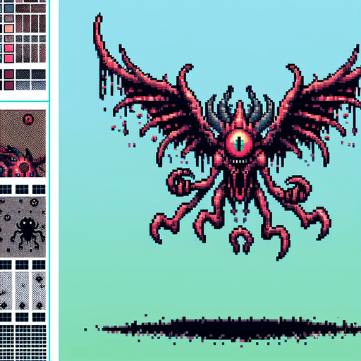 8-bit. Cartoon. alien flying enemy boss. seen from the front. in game asset. Single Game Texture. In-Game asset. 2d. Blank background. High contrast. No shadows.