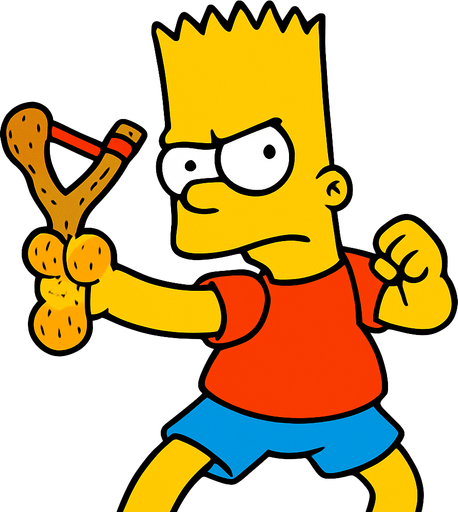 Bart holding a light brown slingshot shaped like a peanut. Make him be in a fighting stance 
In-Game asset.  2d.  High contrast.  No shadows