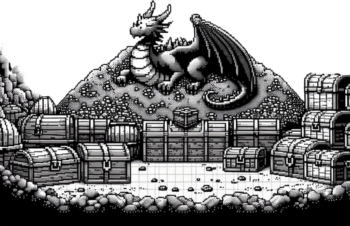 artistic background of the inside the depths of an unlit dark cave filled with a variety of treasures, and a dragon sleeping over a massive pile of treasure chests at its heart. pixelated. 8-bit.
Single Game Texture. In-Game asset. 2d. Blank background. High contrast. No shadows.